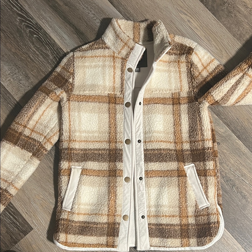 Maurices Cream and Brown Plaid Teddy Jacket